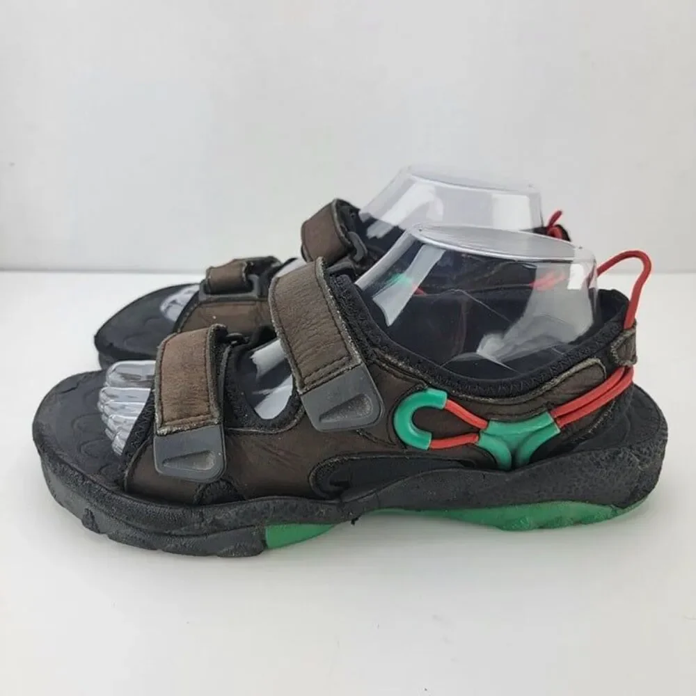 Lands End Kids Size 8 Brown Green Red Leather Hook Loop Outdoors Sandals